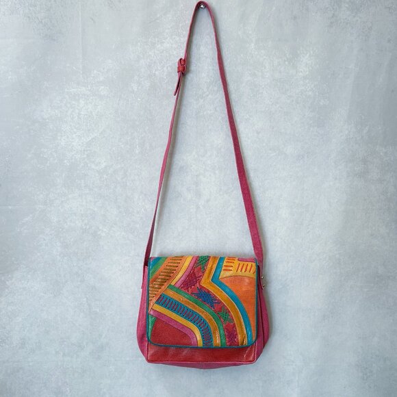 Sharif Unique Vintage Art Leather Flap Patchwork Crossbody Bag Colorful - Picture 4 of 13
